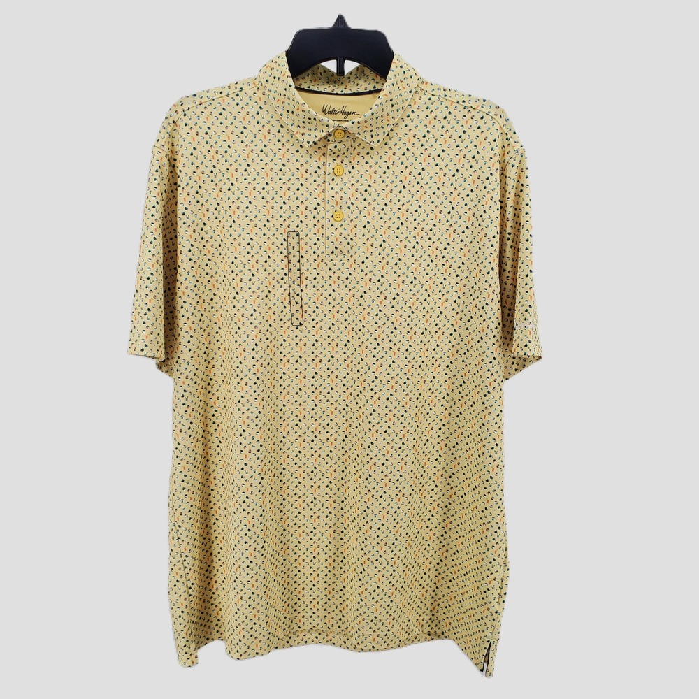 Walter Hagen Performance 11‎ Poolside Pale Yellow Print Polo Golf Stretch Men L